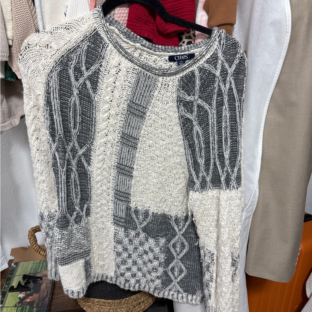 Chaps Cable Knit Sweater in Gray and Cream